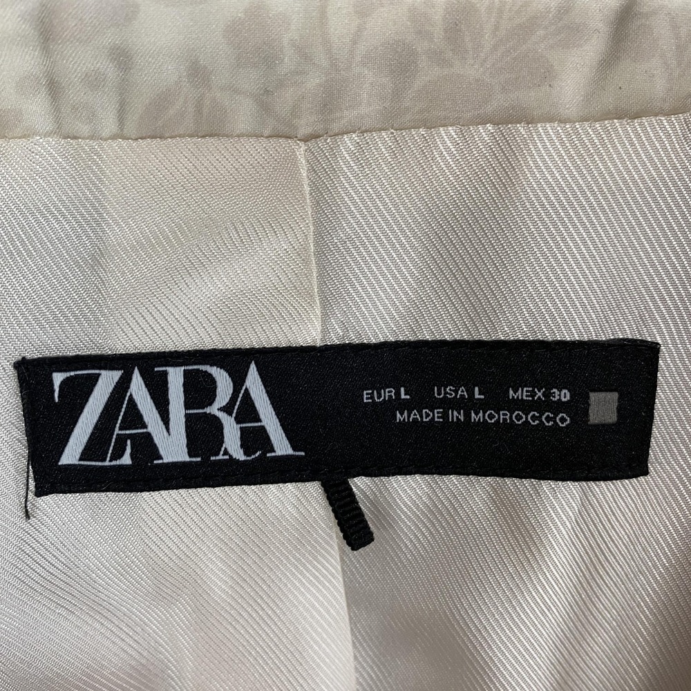 Zara Floral‎ Print Satin Effect Blazer Womens Large Cream Pink Open Front Jacket - Picture 7 of 14